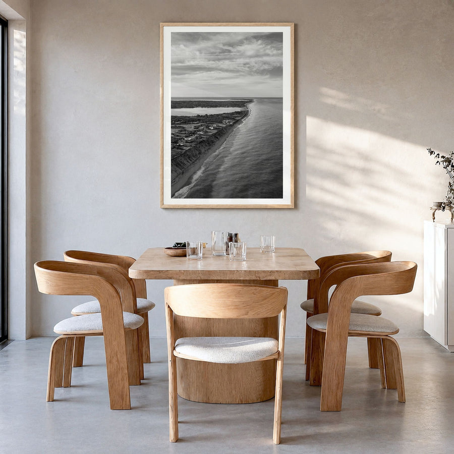 Nantucket Photo Poster in a natural wood frame, hanging in a dining room, white border