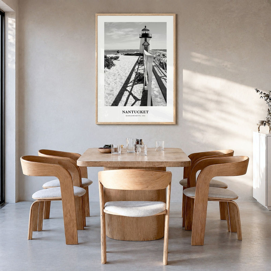 Nantucket Classic Poster in a natural wood frame, hanging in a dining room