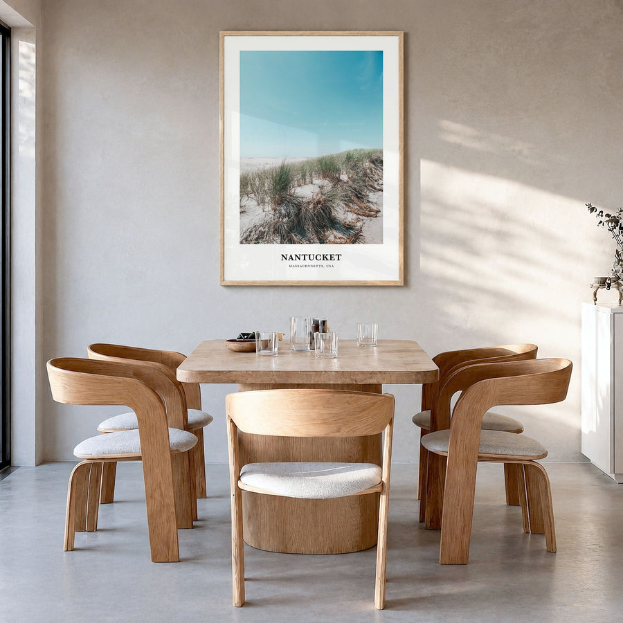 Nantucket Classic Poster in a natural wood frame, hanging in a dining room