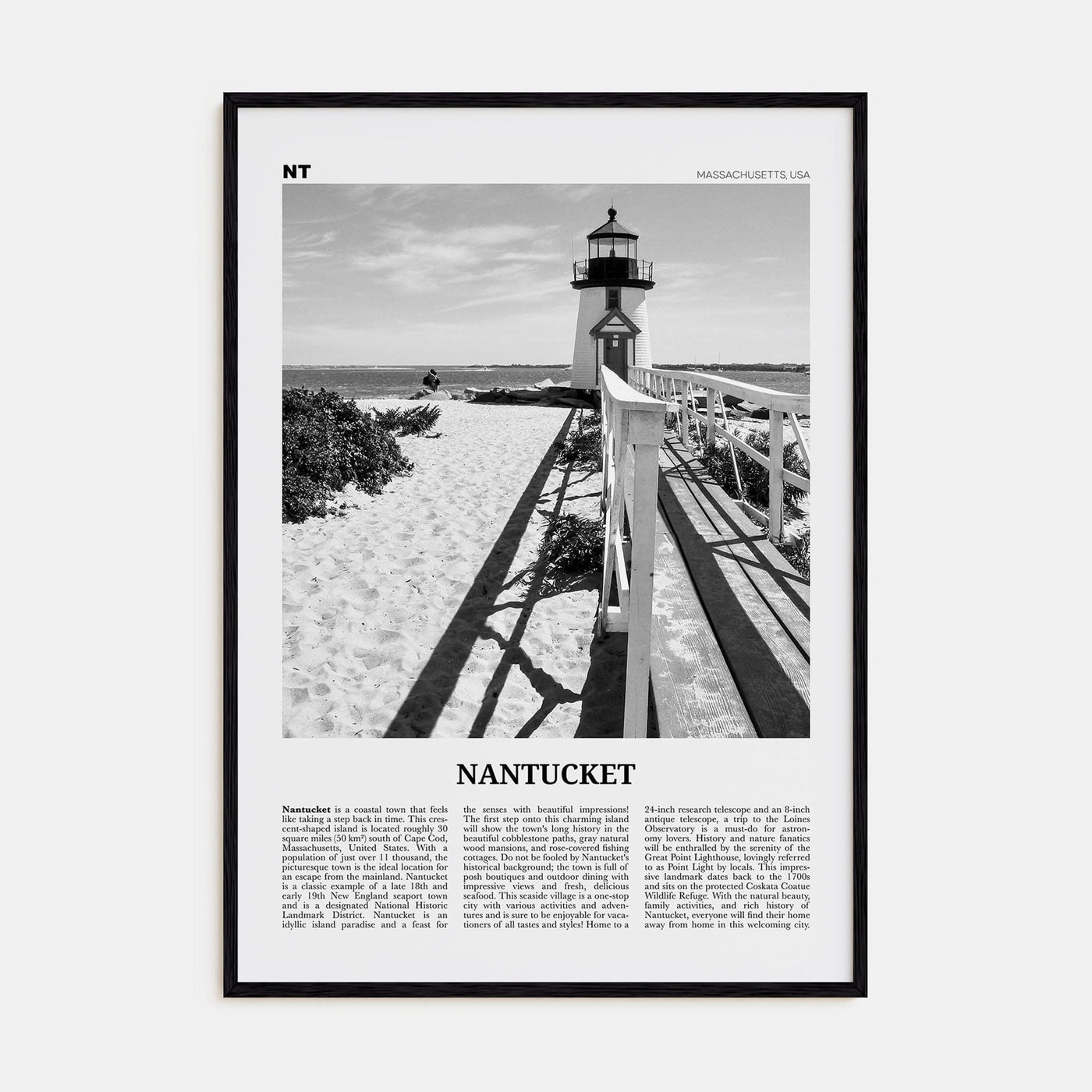 Nantucket Poster Black Wood / 8x12 in Nbourhood Travel B&W Poster