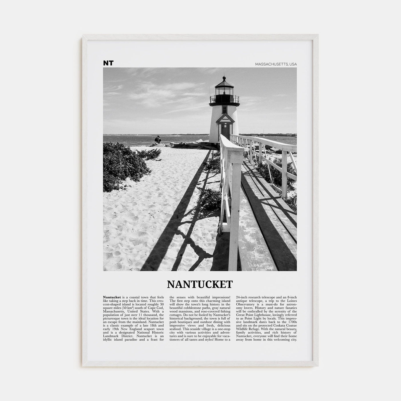 Nantucket Poster White Wood / 8x12 in Nbourhood Travel B&W Poster