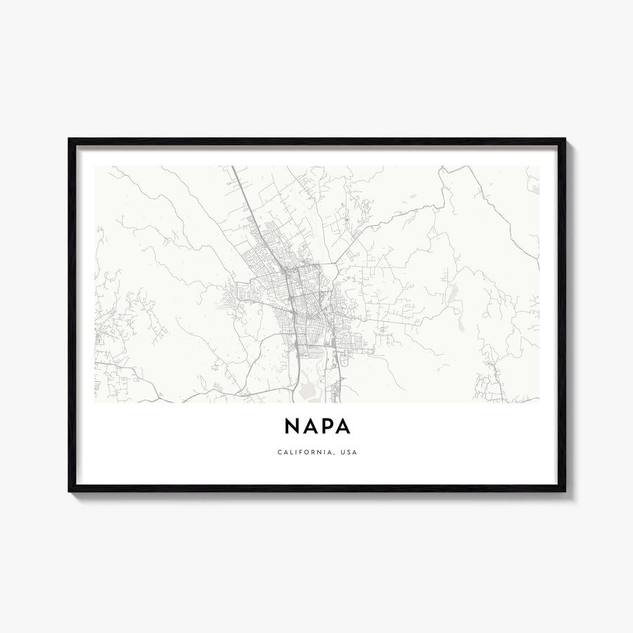 Napa black & white map poster of California, USA – horizontal wall art, unframed print shown in interior mockup