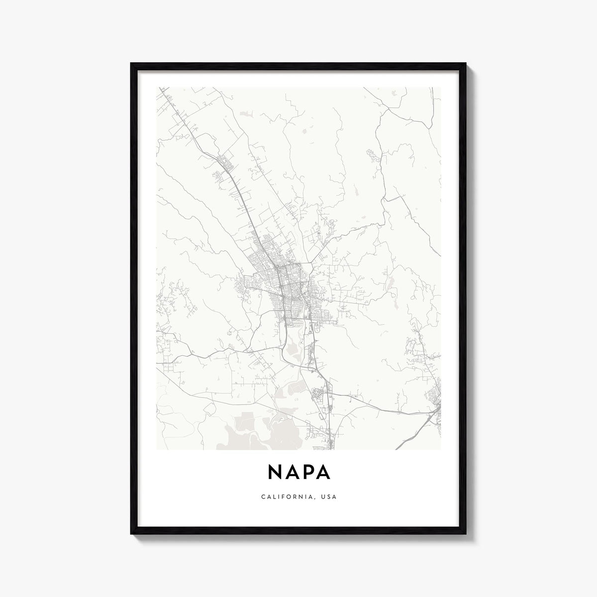 Napa black & white map poster of California, USA – vertical wall art, unframed print shown in interior mockup