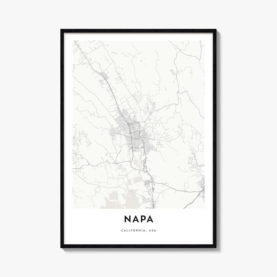 Napa black & white map poster of California, USA – vertical wall art, unframed print shown in interior mockup