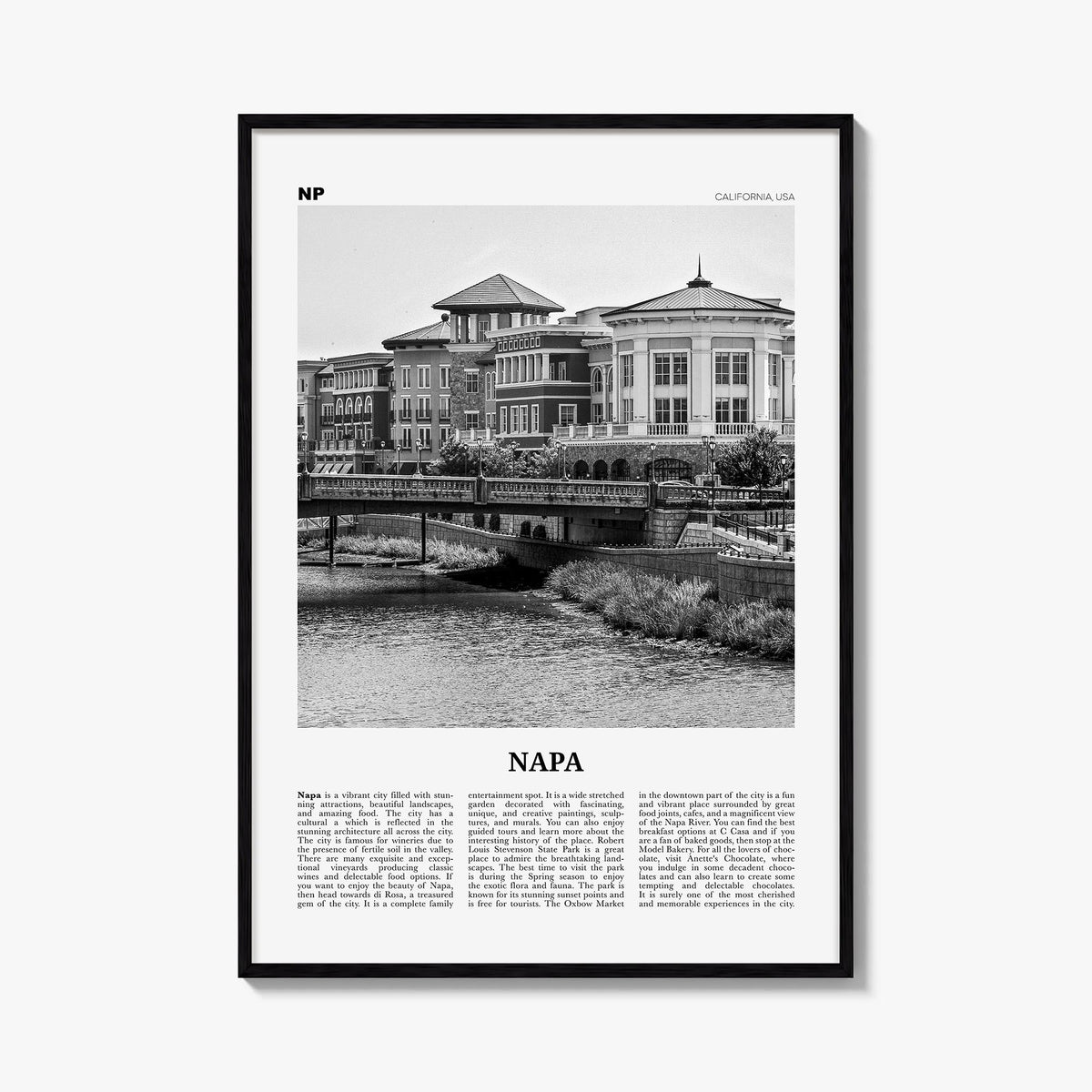 Napa black & white newspaper poster of California, USA – vertical wall art, unframed print shown in interior mockup