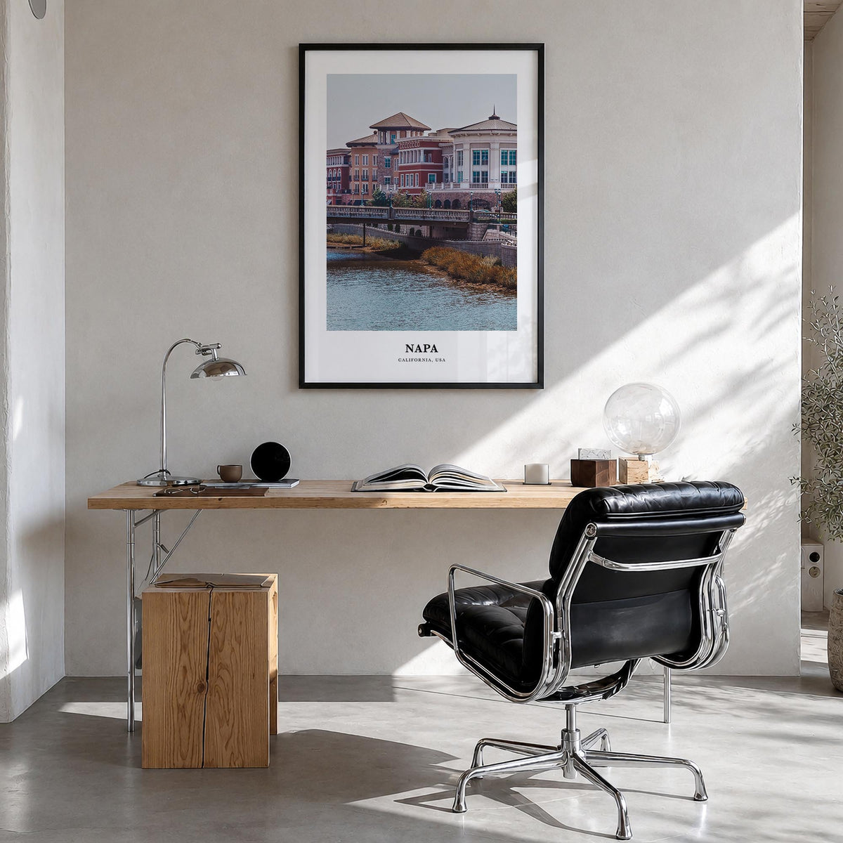 Napa colorful classic poster of California, USA – vertical wall art in black wood frame, hanging on wall