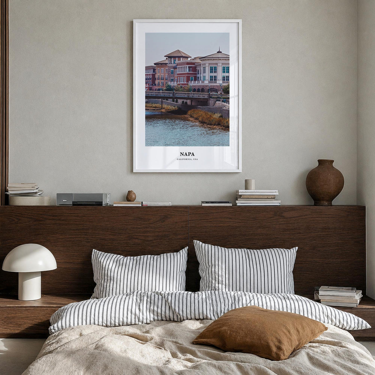 Napa colorful classic poster of California, USA – vertical wall art in white wood frame, hanging on wall