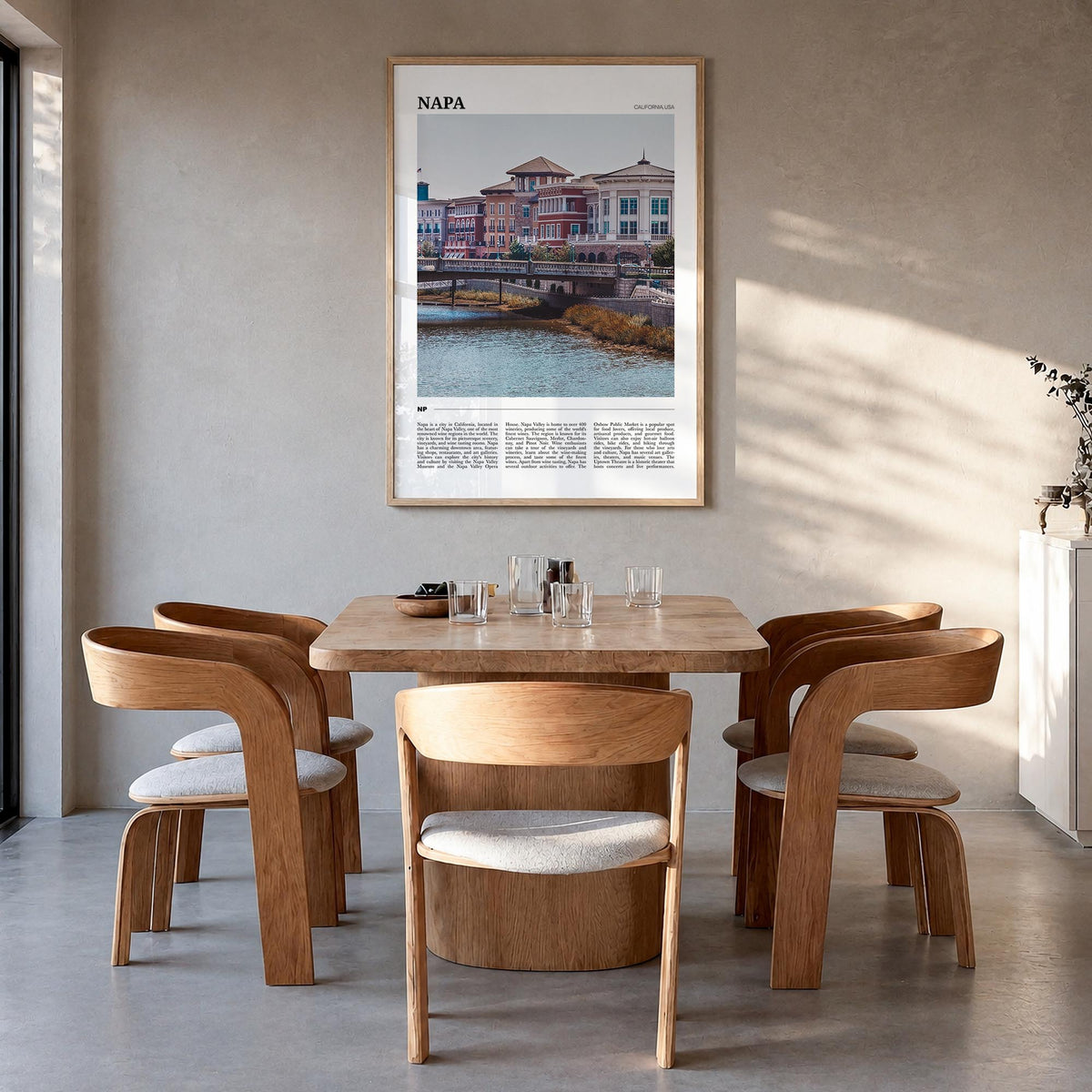 Napa colorful travel poster of California, USA – vertical wall art in natural wood frame, hanging on wall