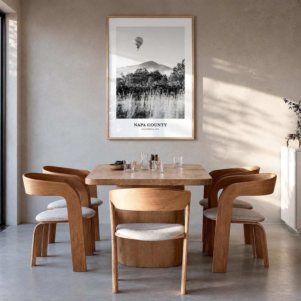 Napa County black & white classic poster of California, USA – vertical wall art in natural wood frame, hanging on wall