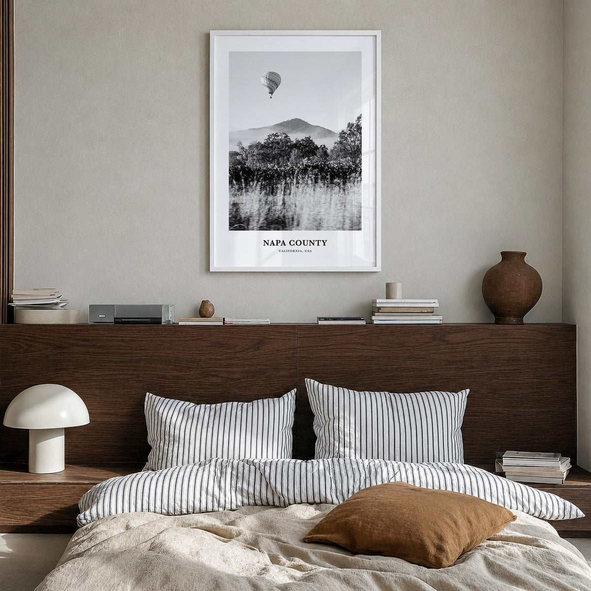 Napa County black & white classic poster of California, USA – vertical wall art in white wood frame, hanging on wall