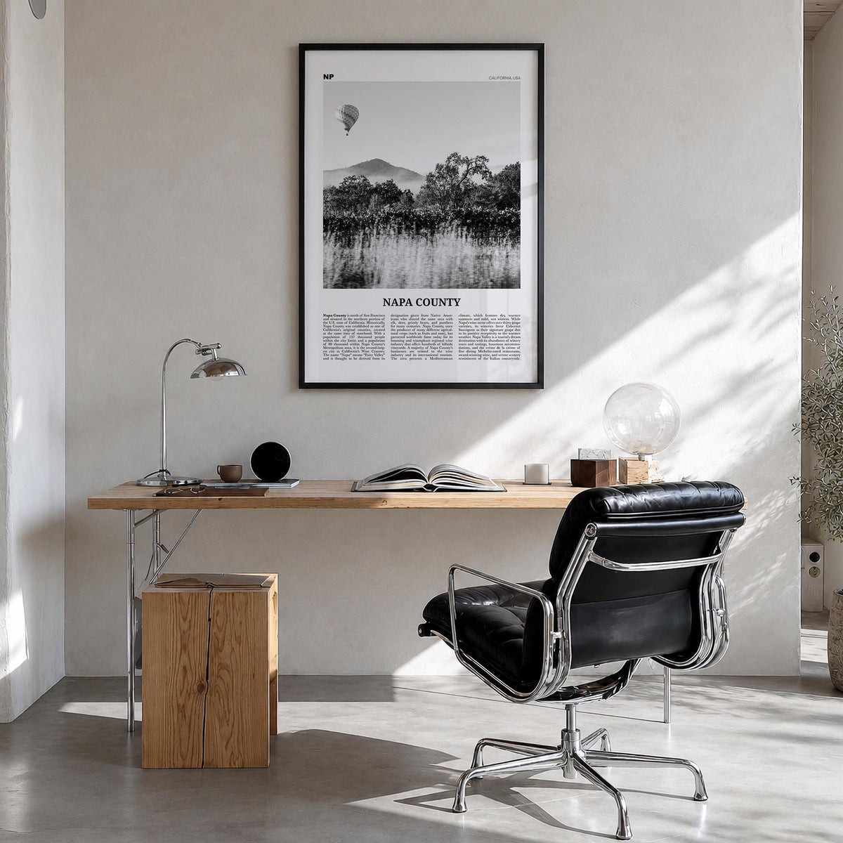 Napa County black & white newspaper poster of California, USA – vertical wall art in black wood frame, hanging on wall