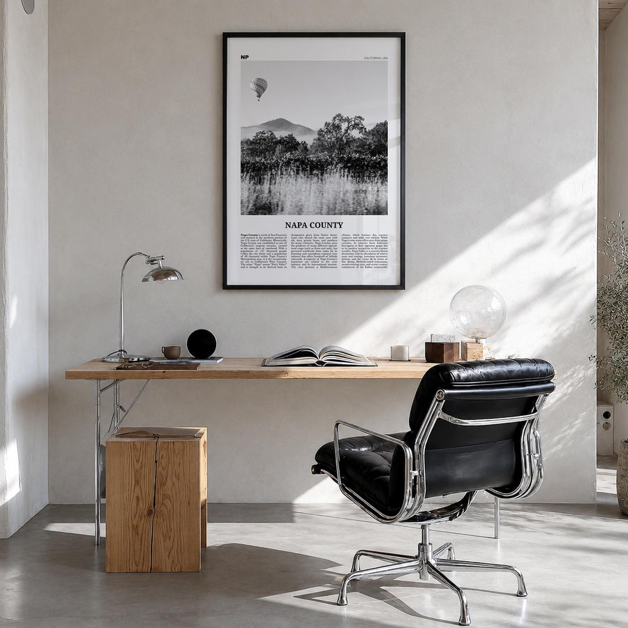 Napa County black & white newspaper poster of California, USA – vertical wall art in black wood frame, hanging on wall