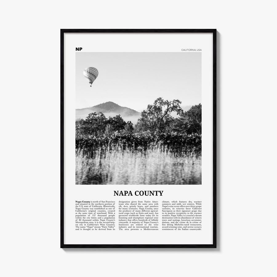 Napa County black & white newspaper poster of California, USA – vertical wall art, unframed print shown in interior mockup