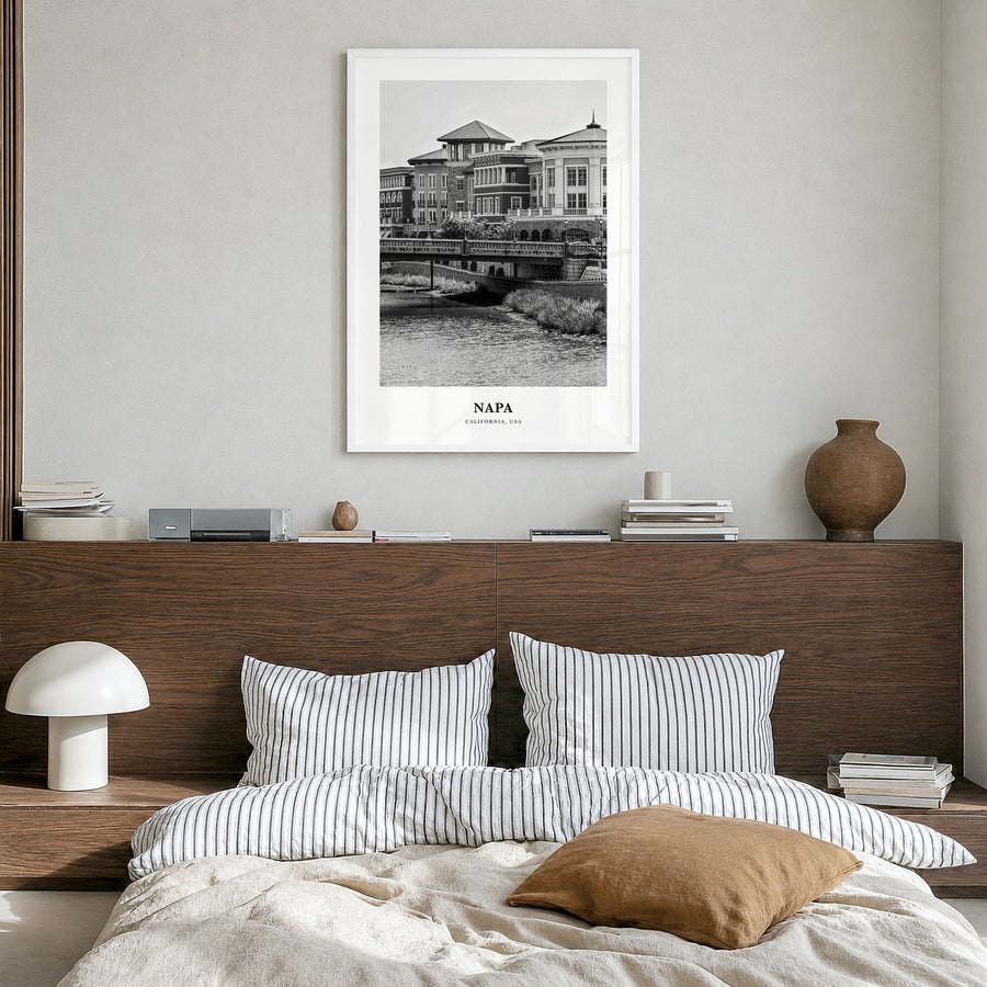 Napa Classic Poster in a white wood frame, hanging in a bedroom