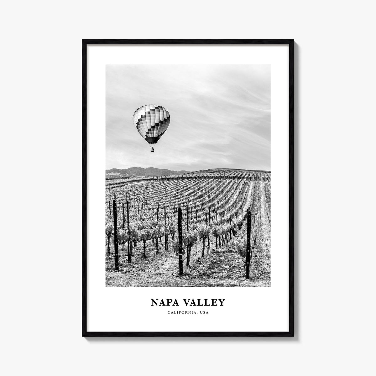 Napa Valley black & white classic poster of California, USA – vertical wall art, unframed print shown in interior mockup