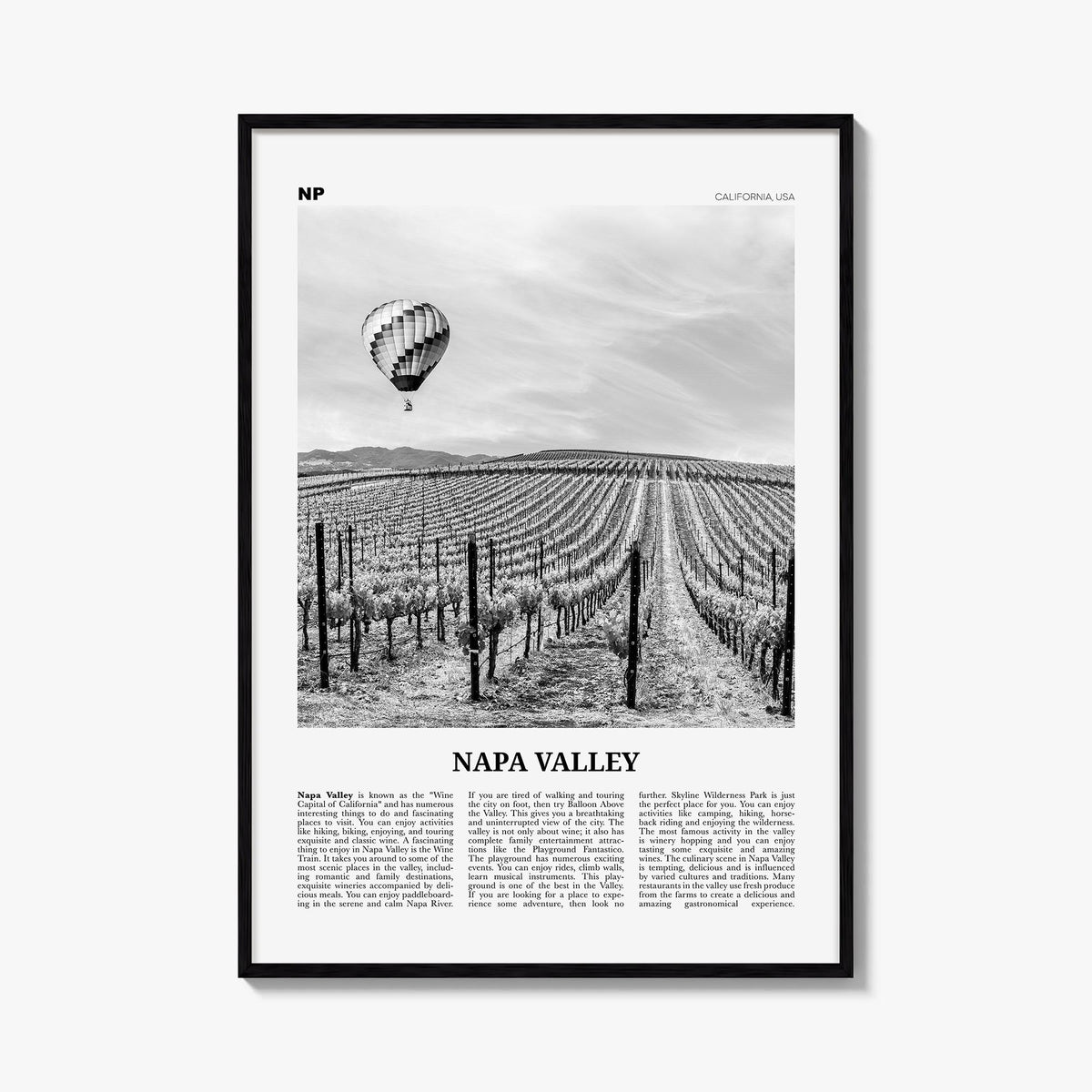 Napa Valley black & white newspaper poster of California, USA – vertical wall art, unframed print shown in interior mockup
