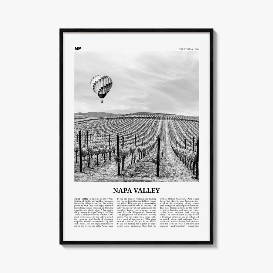Napa Valley black & white newspaper poster of California, USA – vertical wall art, unframed print shown in interior mockup
