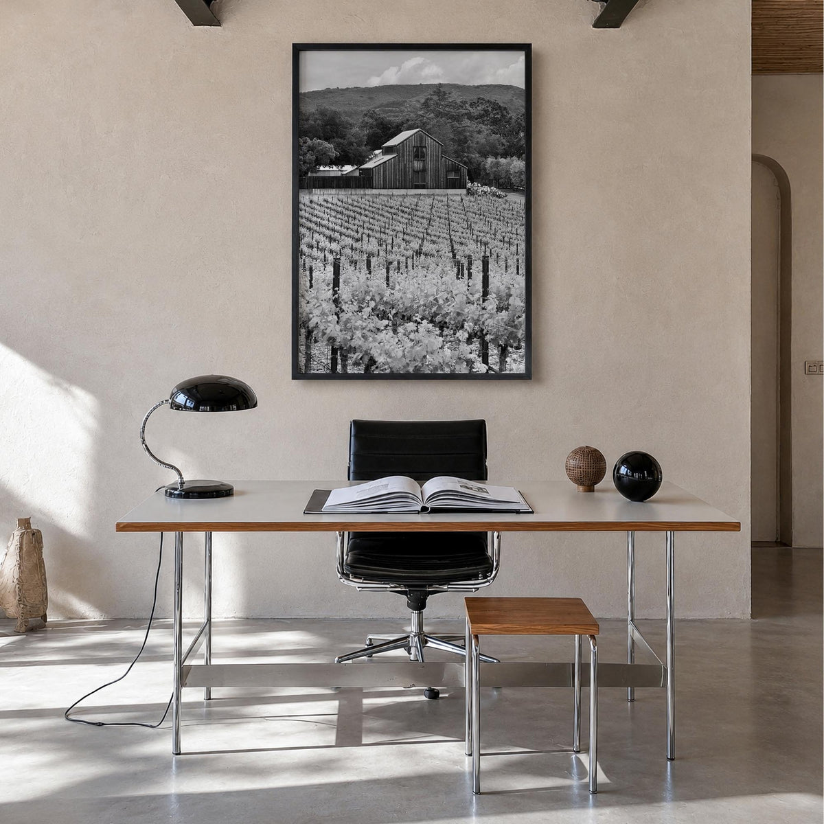 Napa Valley black & white photo poster of California, USA – vertical wall art in black wood frame, hanging on wall