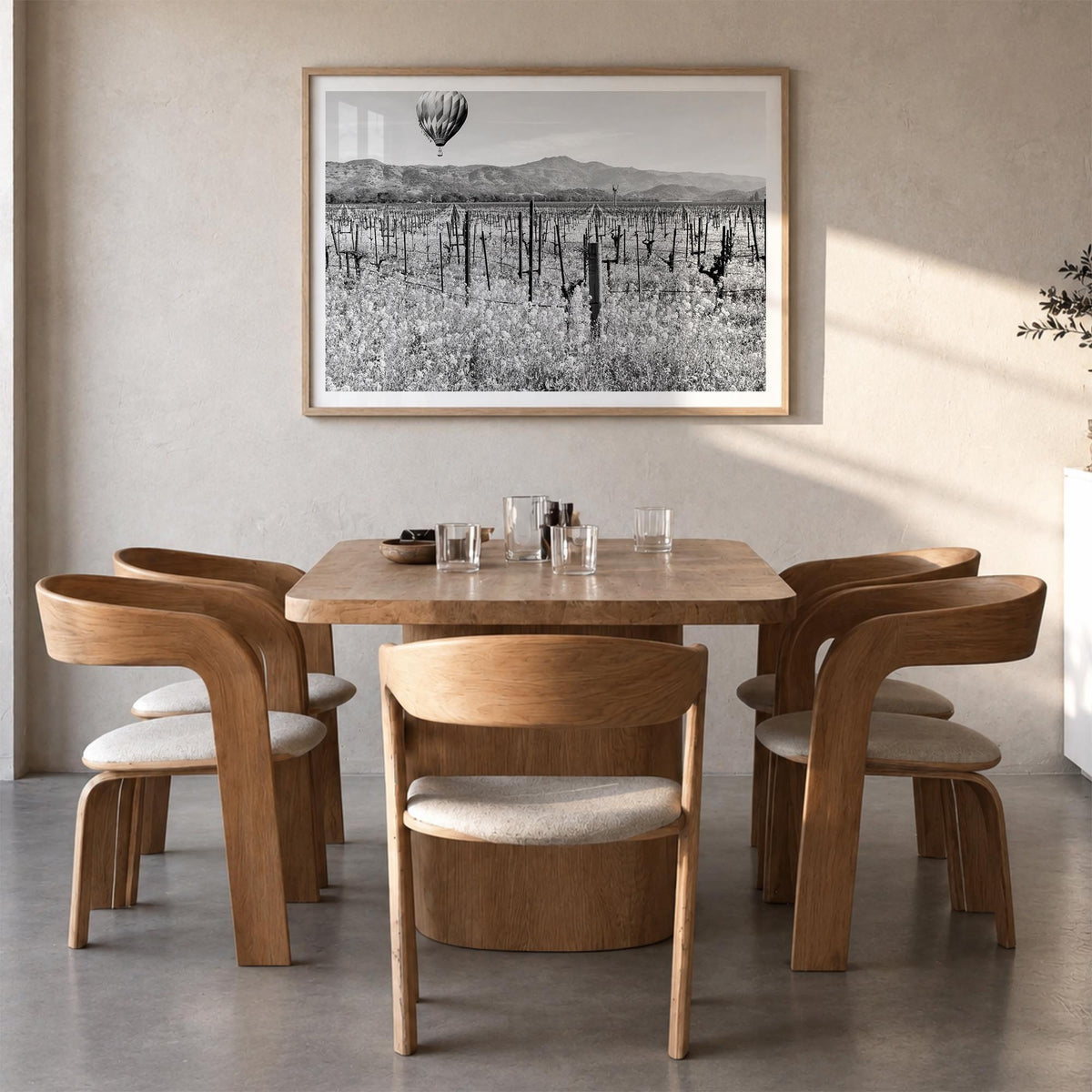 Napa Valley black & white photo poster of California, USA – horizontal wall art in natural wood frame with white border, hang