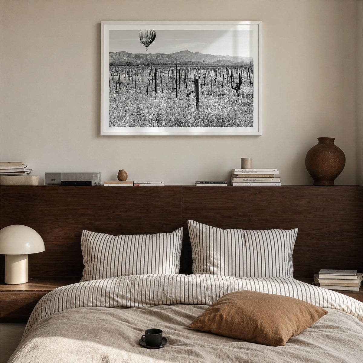 Napa Valley black & white photo poster of California, USA – horizontal wall art in white wood frame with white border, hangin