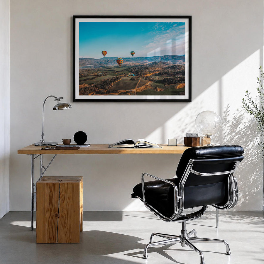 Napa Valley colorful photo poster of California, USA – horizontal wall art in black wood frame with white border, hanging on 