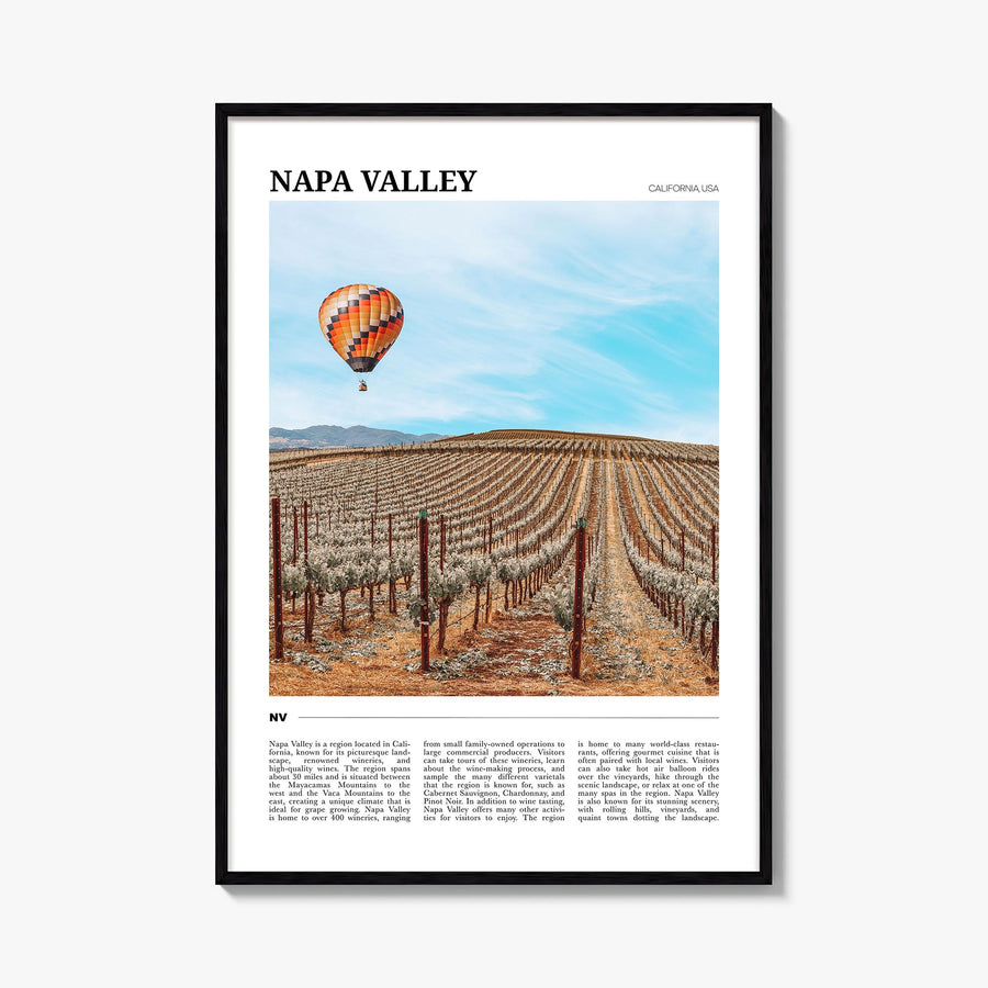 Napa Valley colorful travel poster of California, USA – vertical wall art, unframed print shown in interior mockup