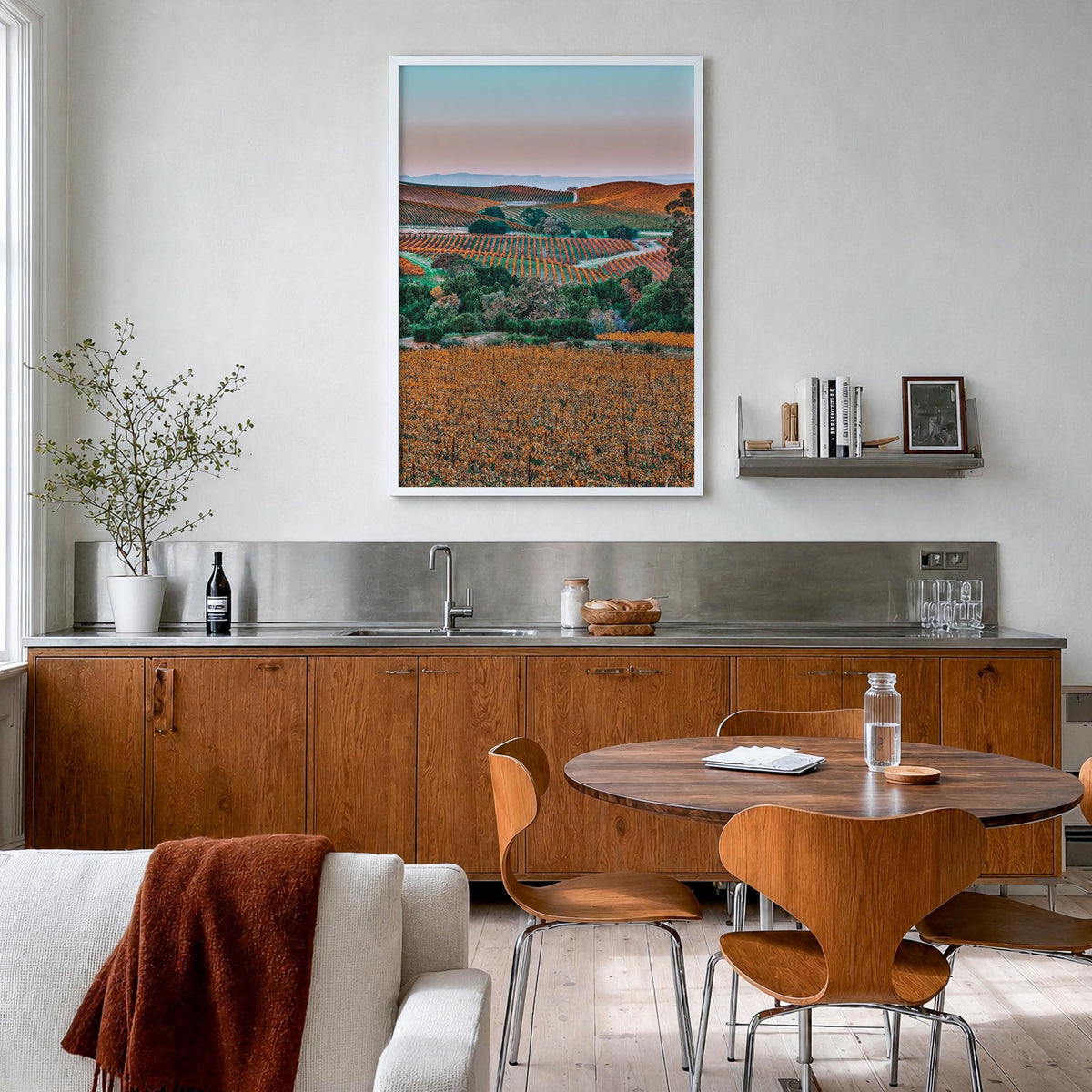 Napa Valley no. 2 colorful photo poster of California, USA – vertical wall art in white wood frame, hanging on wall