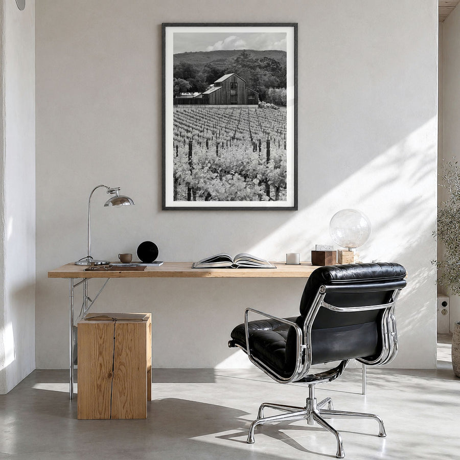 Napa Valley Photo Poster in a black wood frame, hanging in a bright home office, white border