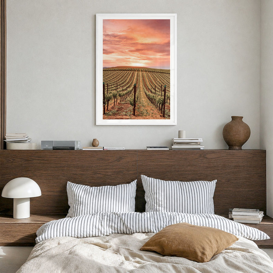 Napa Valley Photo No 1 Poster in a white wood frame, hanging in a bedroom, white border