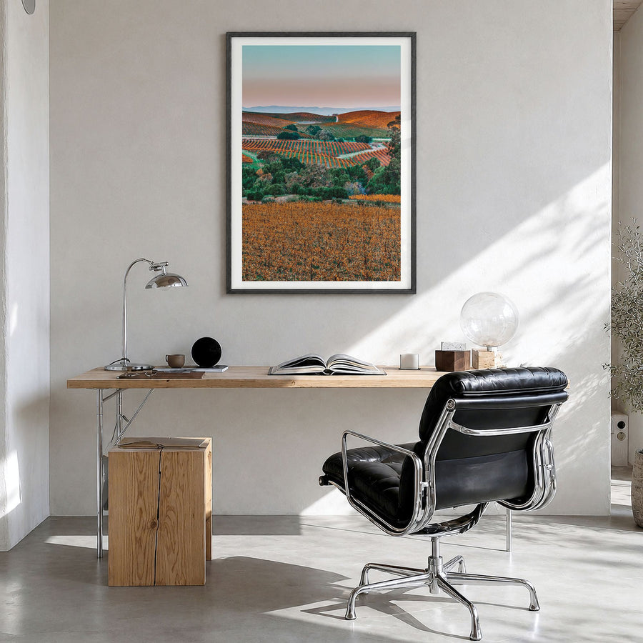 Napa Valley Photo No 2 Poster in a black wood frame, hanging in a bright home office, white border