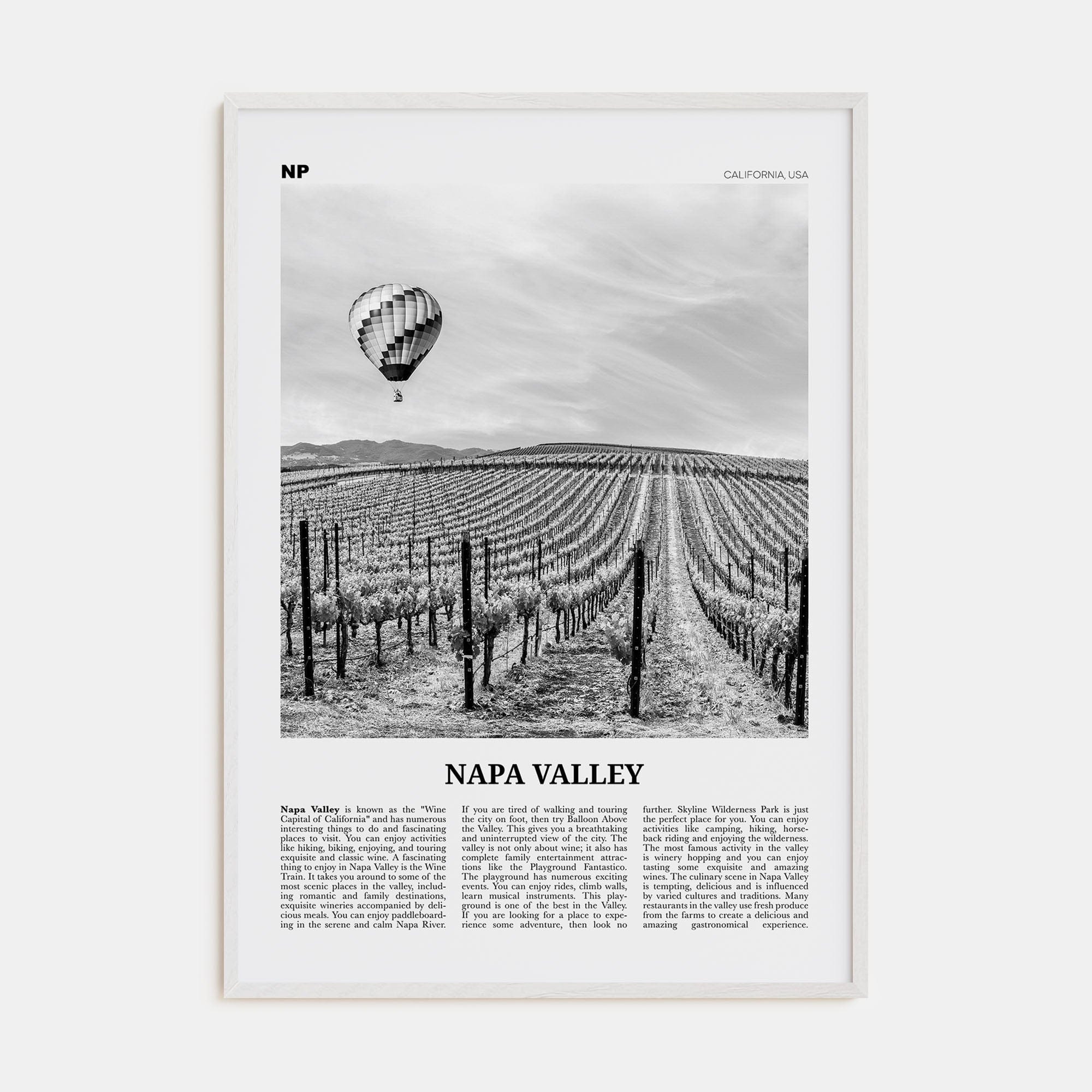 Napa Valley Poster White Wood / 8x12 in Nbourhood Travel B&W Poster