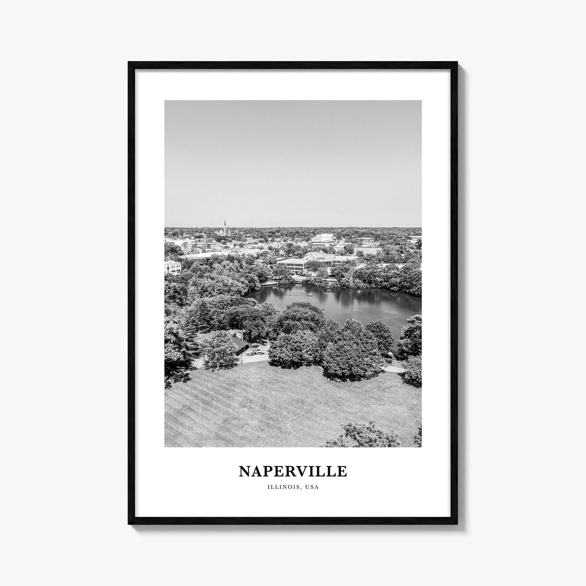 Naperville black & white classic poster of Illinois, USA – vertical wall art, unframed print shown in interior mockup