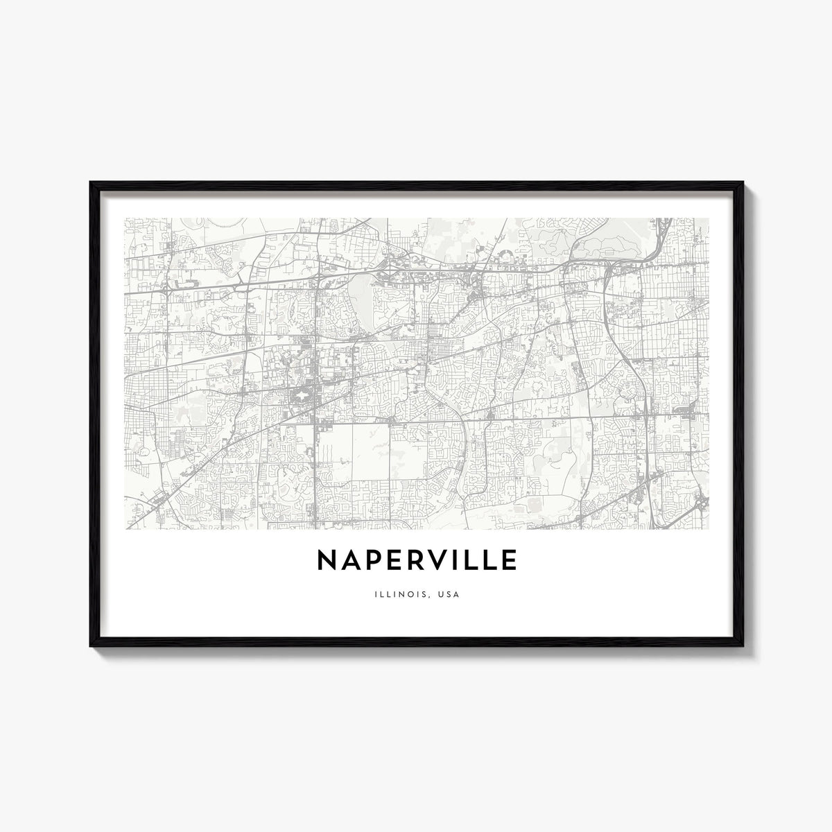 Naperville black & white map poster of Illinois, USA – horizontal wall art, unframed print shown in interior mockup