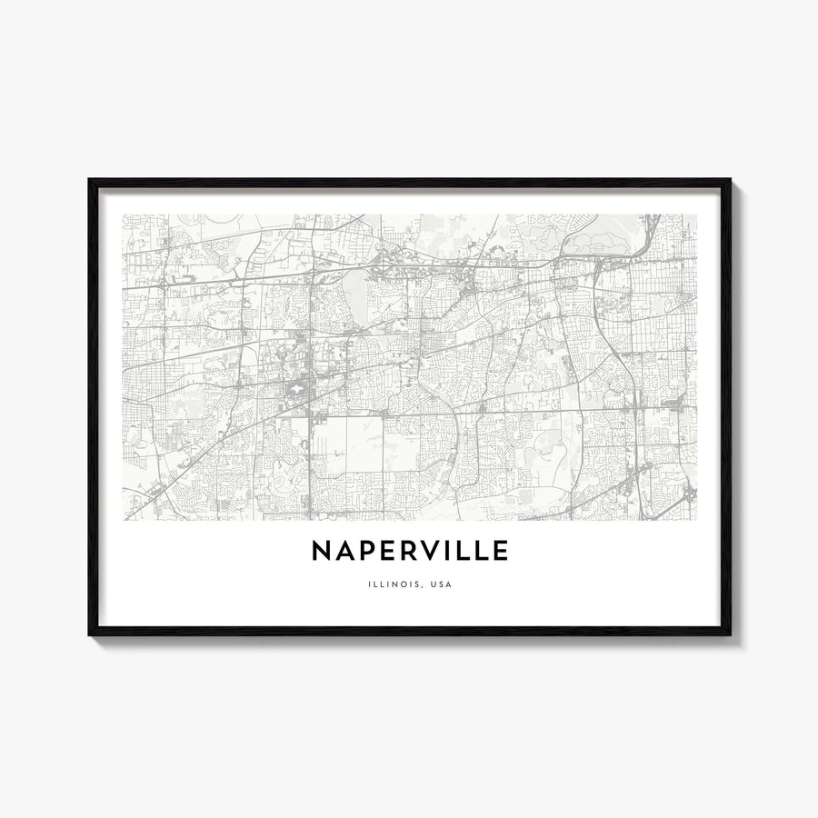 Naperville black & white map poster of Illinois, USA – horizontal wall art, unframed print shown in interior mockup