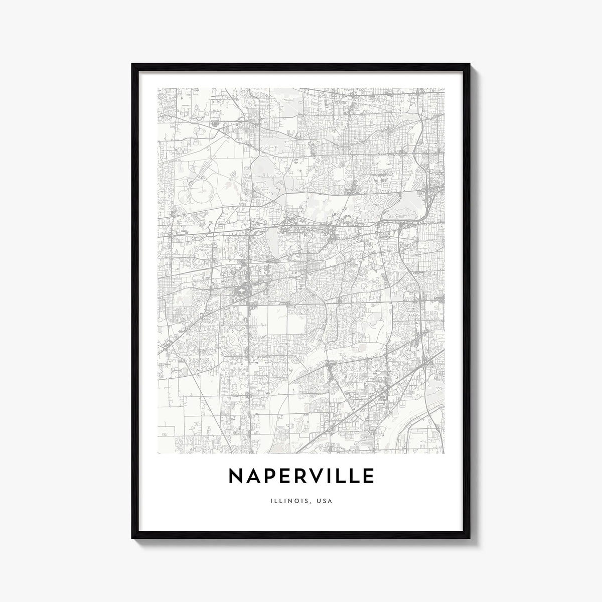 Naperville black & white map poster of Illinois, USA – vertical wall art, unframed print shown in interior mockup