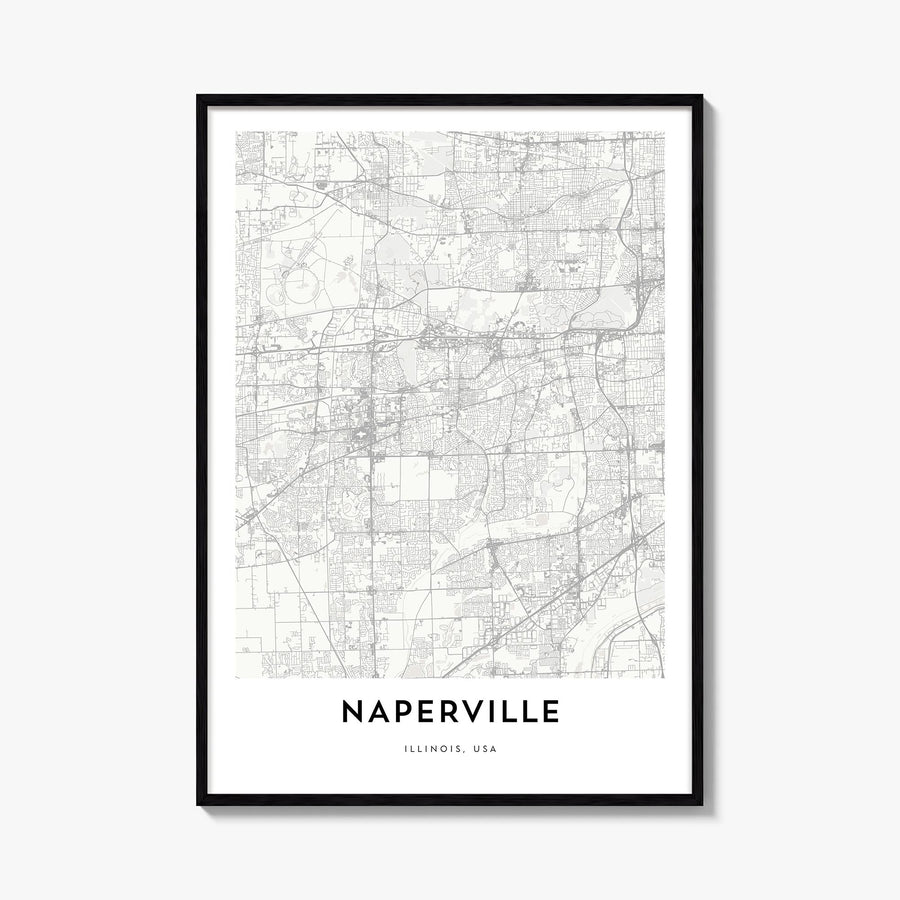 Naperville black & white map poster of Illinois, USA – vertical wall art, unframed print shown in interior mockup