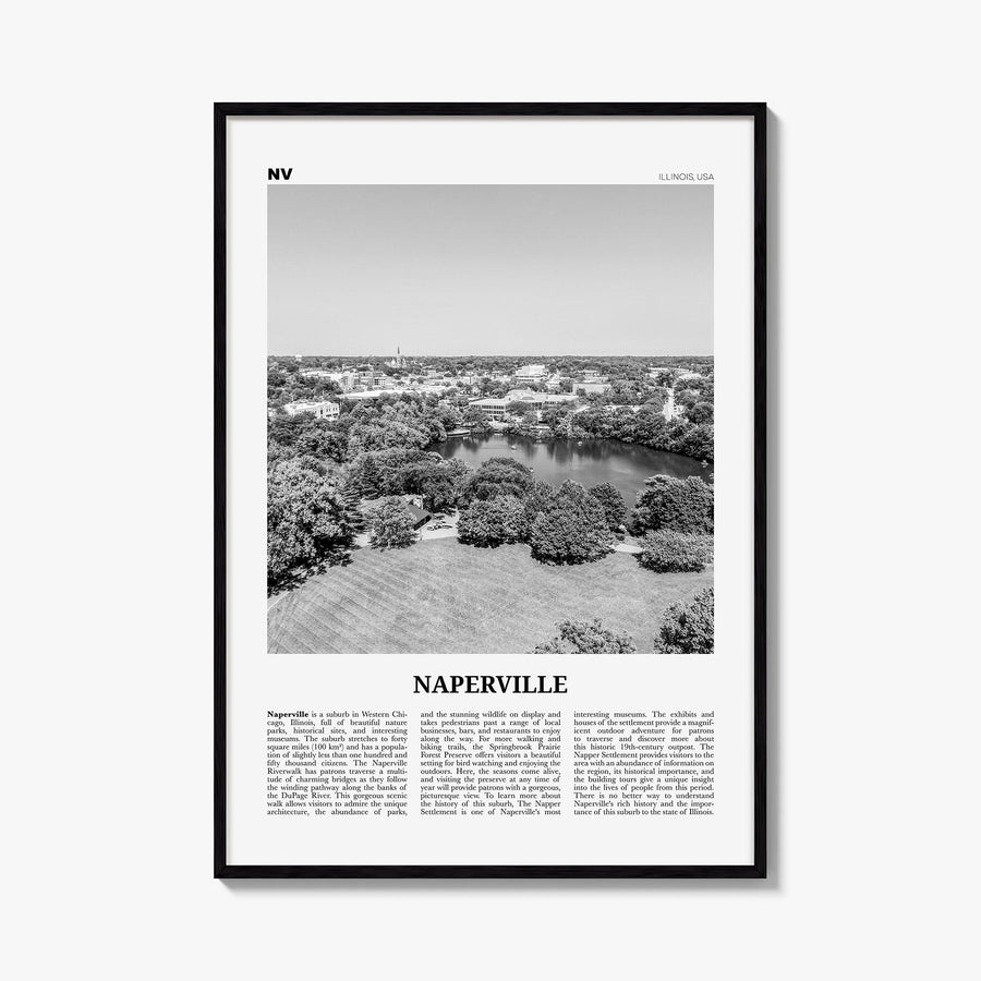 Naperville black & white newspaper poster of Illinois, USA – vertical wall art, unframed print shown in interior mockup
