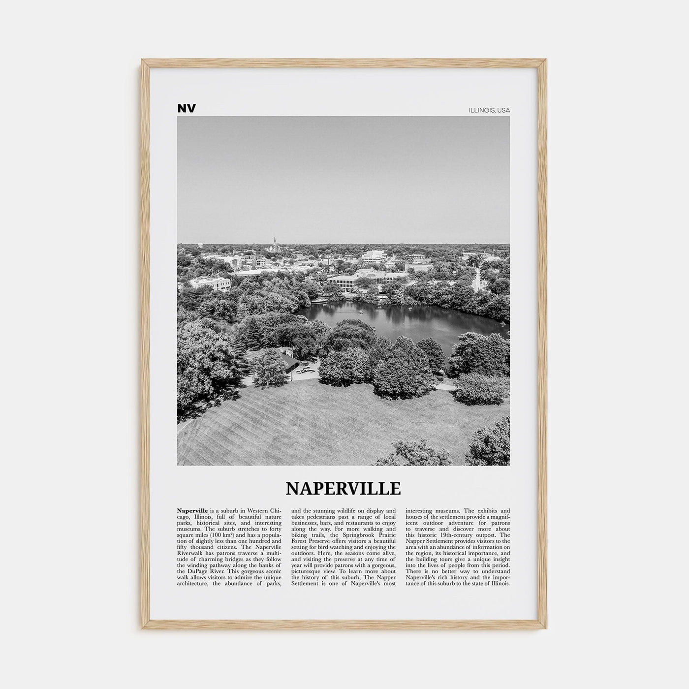 Naperville Poster Natural Wood / 8x12 in Nbourhood Travel B&W Poster