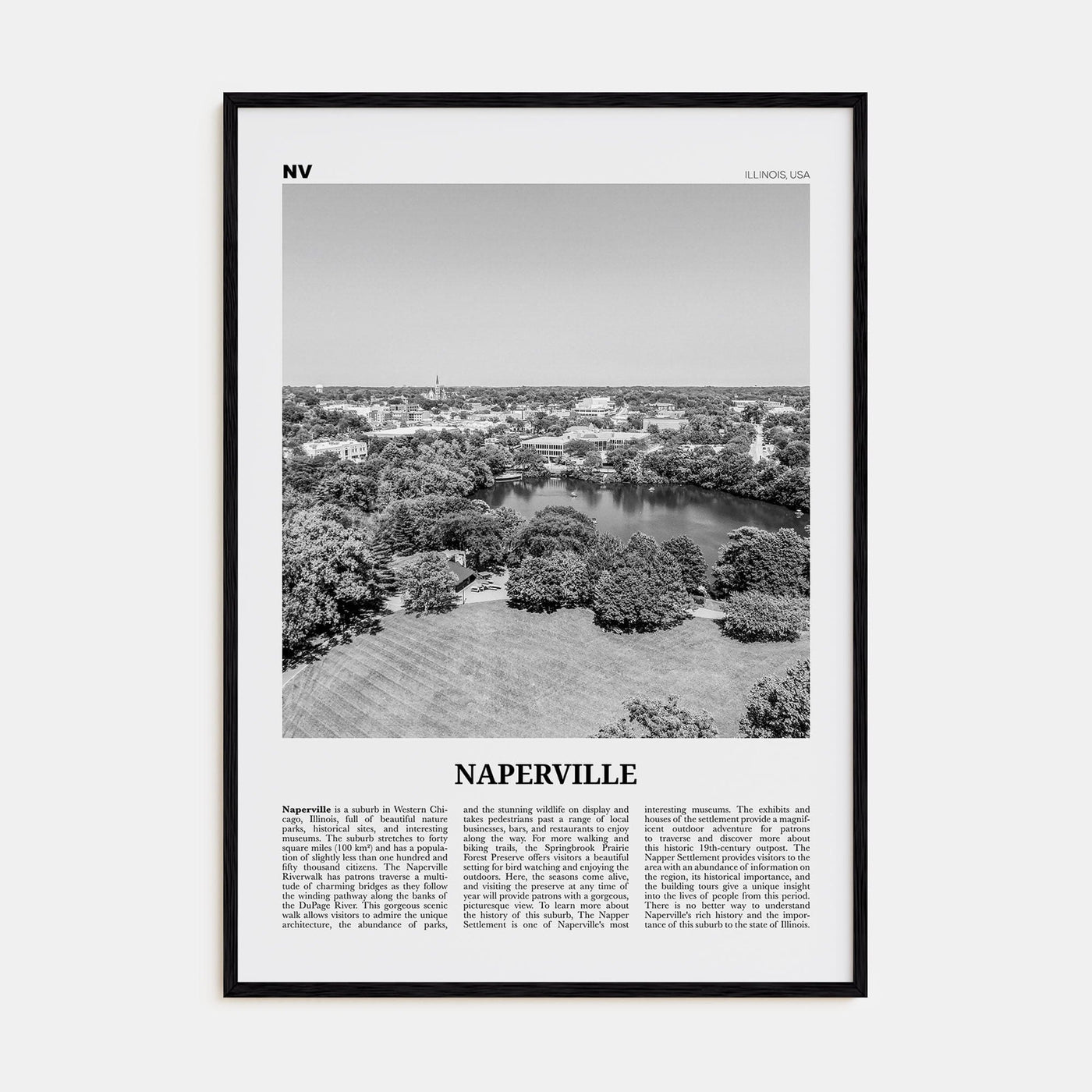 Naperville Poster Black Wood / 8x12 in Nbourhood Travel B&W Poster