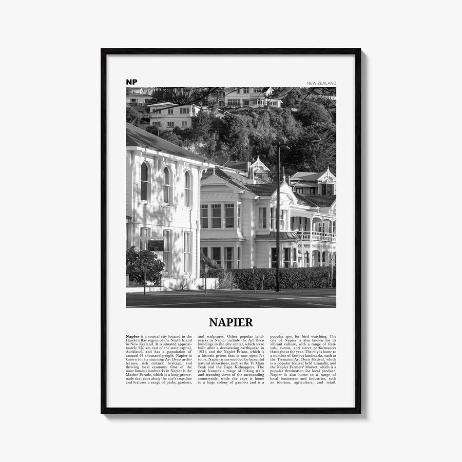 Napier black & white newspaper poster of New Zealand – vertical wall art, unframed print shown in interior mockup