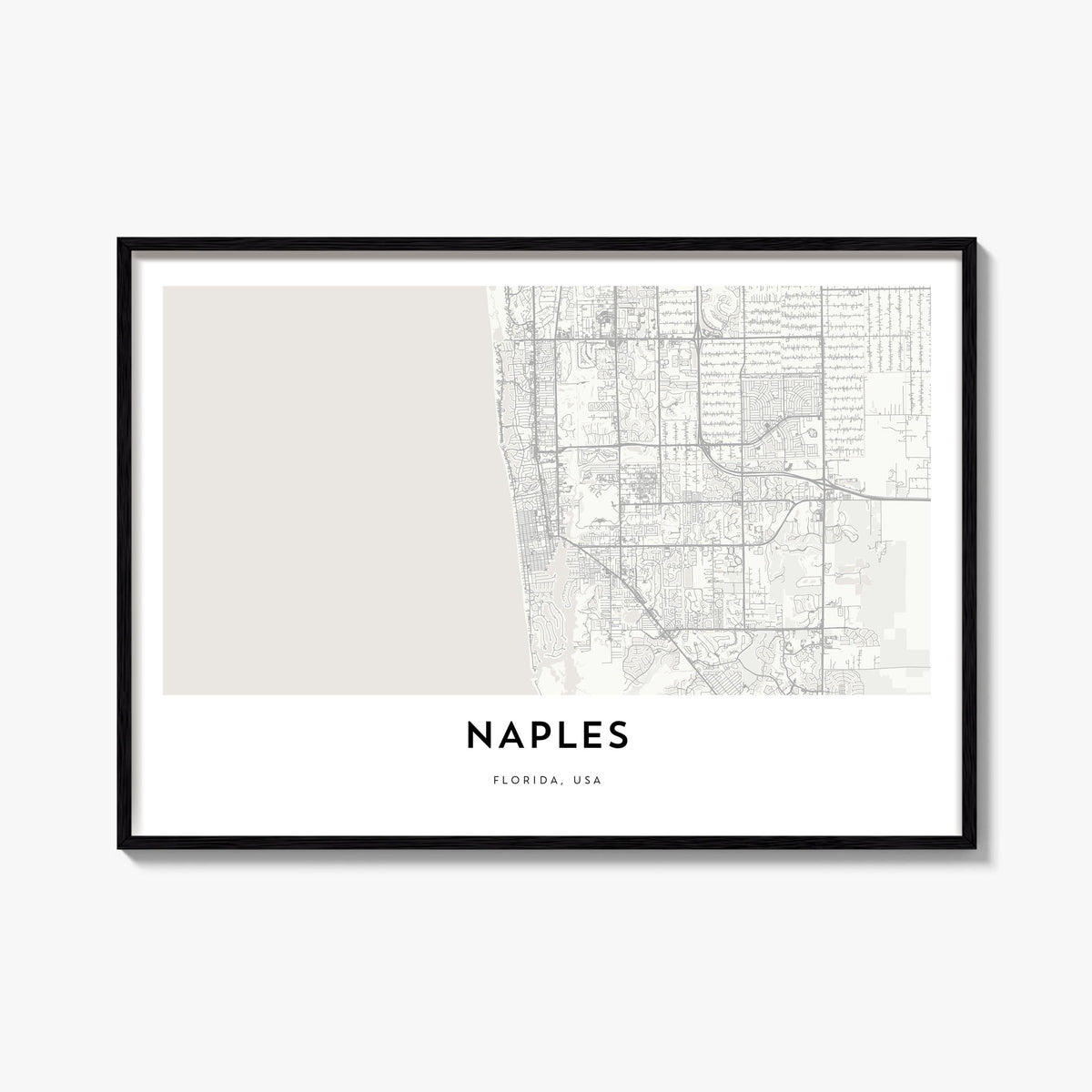 Naples, Florida black & white map poster of Florida, USA – horizontal wall art, unframed print shown in interior mockup