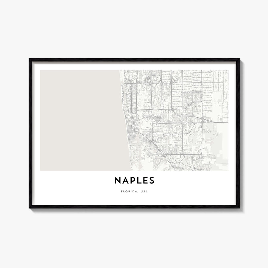 Naples, Florida black & white map poster of Florida, USA – horizontal wall art, unframed print shown in interior mockup