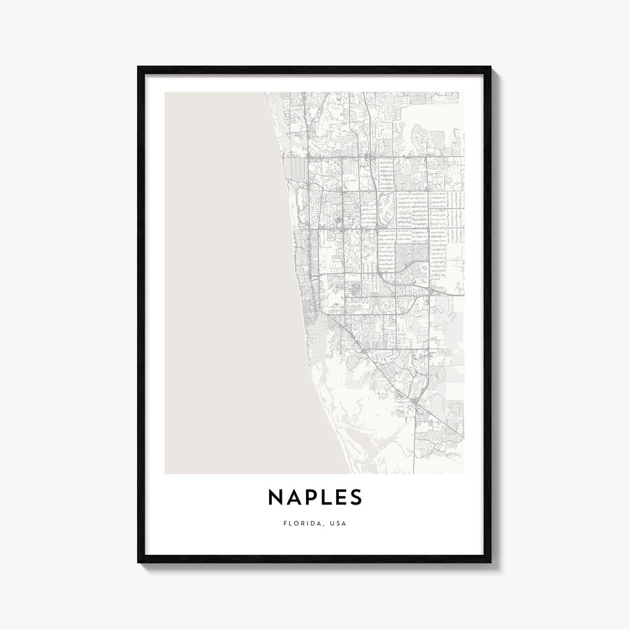 Naples, Florida black & white map poster of Florida, USA – vertical wall art, unframed print shown in interior mockup