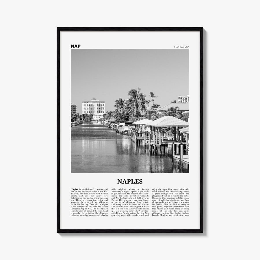 Naples, Florida black & white newspaper poster of Florida, USA – vertical wall art, unframed print shown in interior mockup