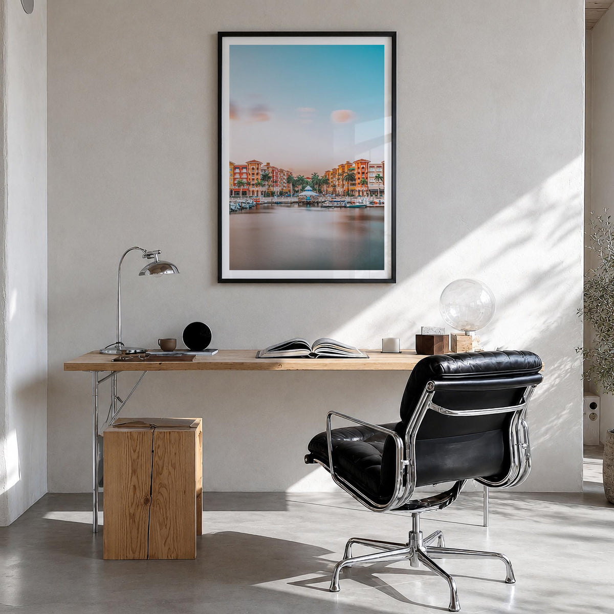 Naples, Florida colorful photo poster of Florida, USA – vertical wall art in black wood frame with white border, hanging on w