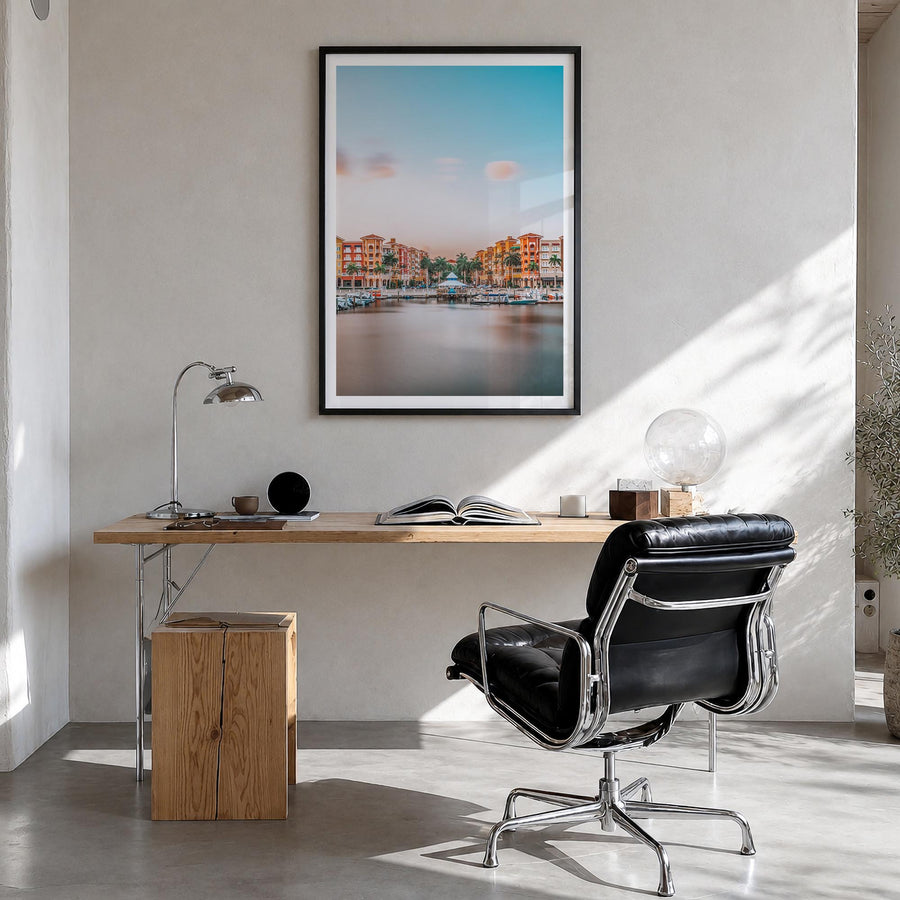 Naples, Florida colorful photo poster of Florida, USA – vertical wall art in black wood frame with white border, hanging on w