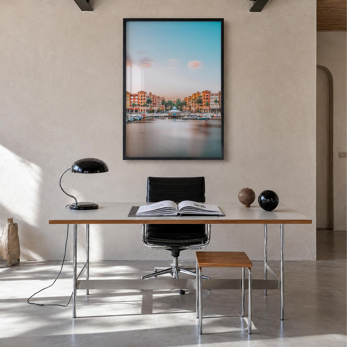Naples, Florida colorful photo poster of Florida, USA – vertical wall art in black wood frame, hanging on wall