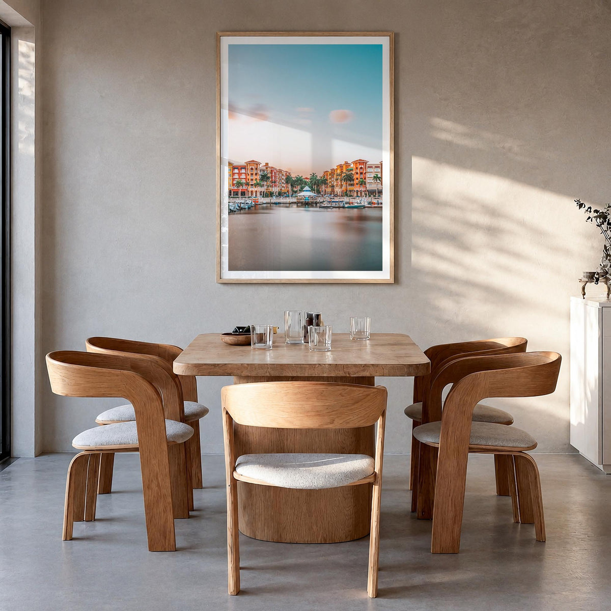 Naples, Florida colorful photo poster of Florida, USA – vertical wall art in natural wood frame with white border, hanging on