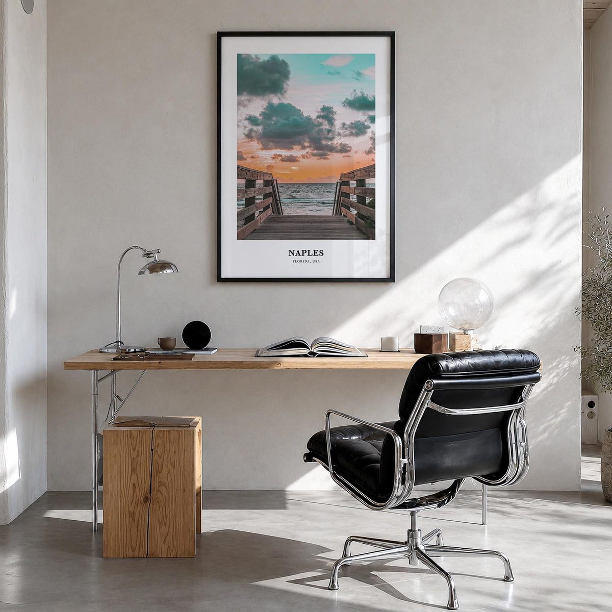 Naples, Florida no. 1 colorful classic poster of Florida, USA – vertical wall art in black wood frame, hanging on wall