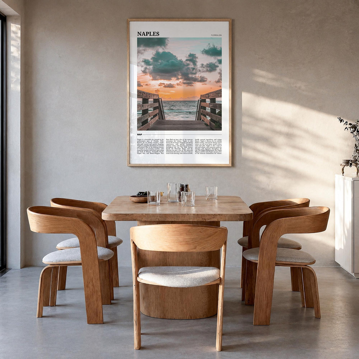 Naples, Florida no. 1 colorful travel poster of Florida, USA – vertical wall art in natural wood frame, hanging on wall